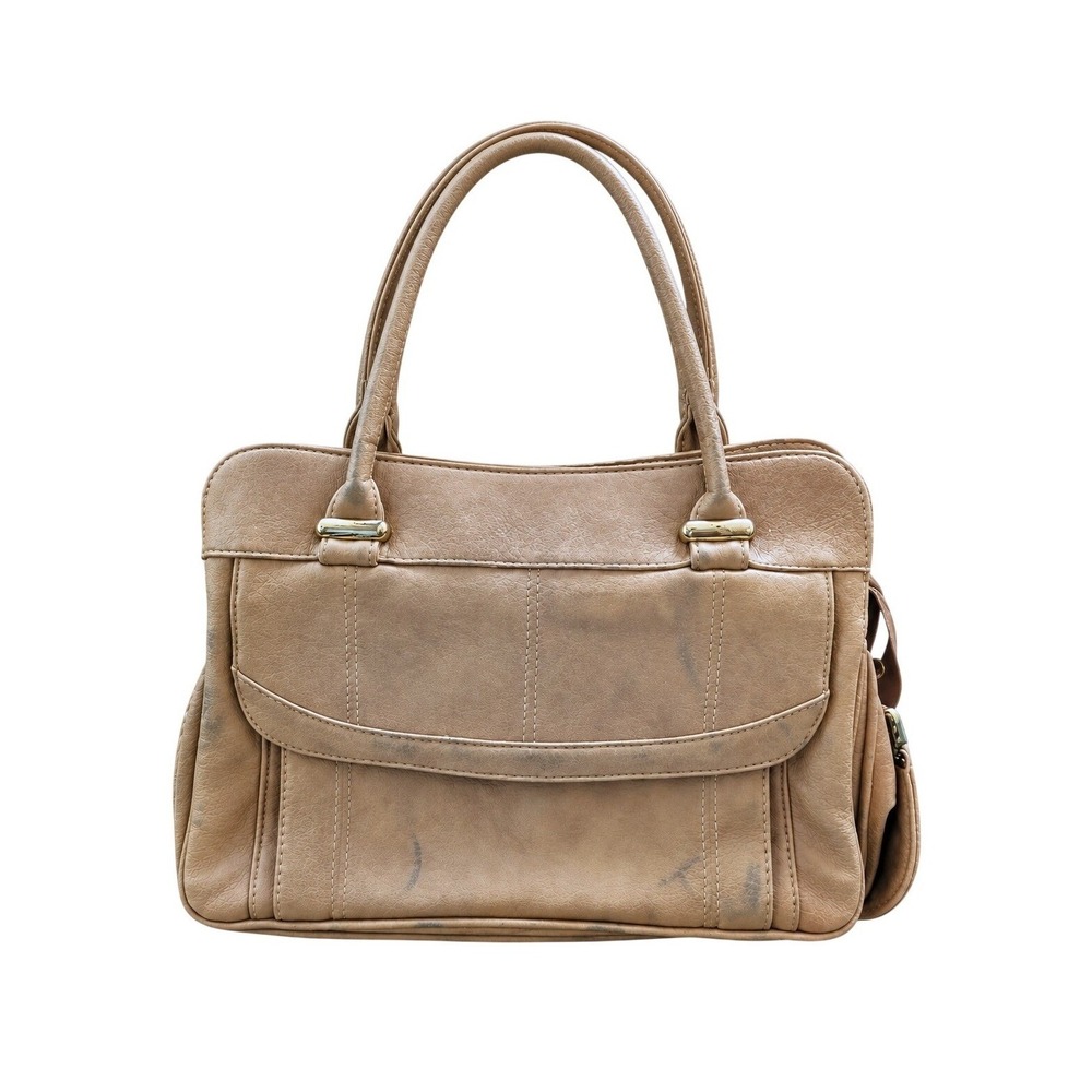 Vintage Tan Faux Leather Shoulder Bag Multi Compartment Pocket Handbag Purse
